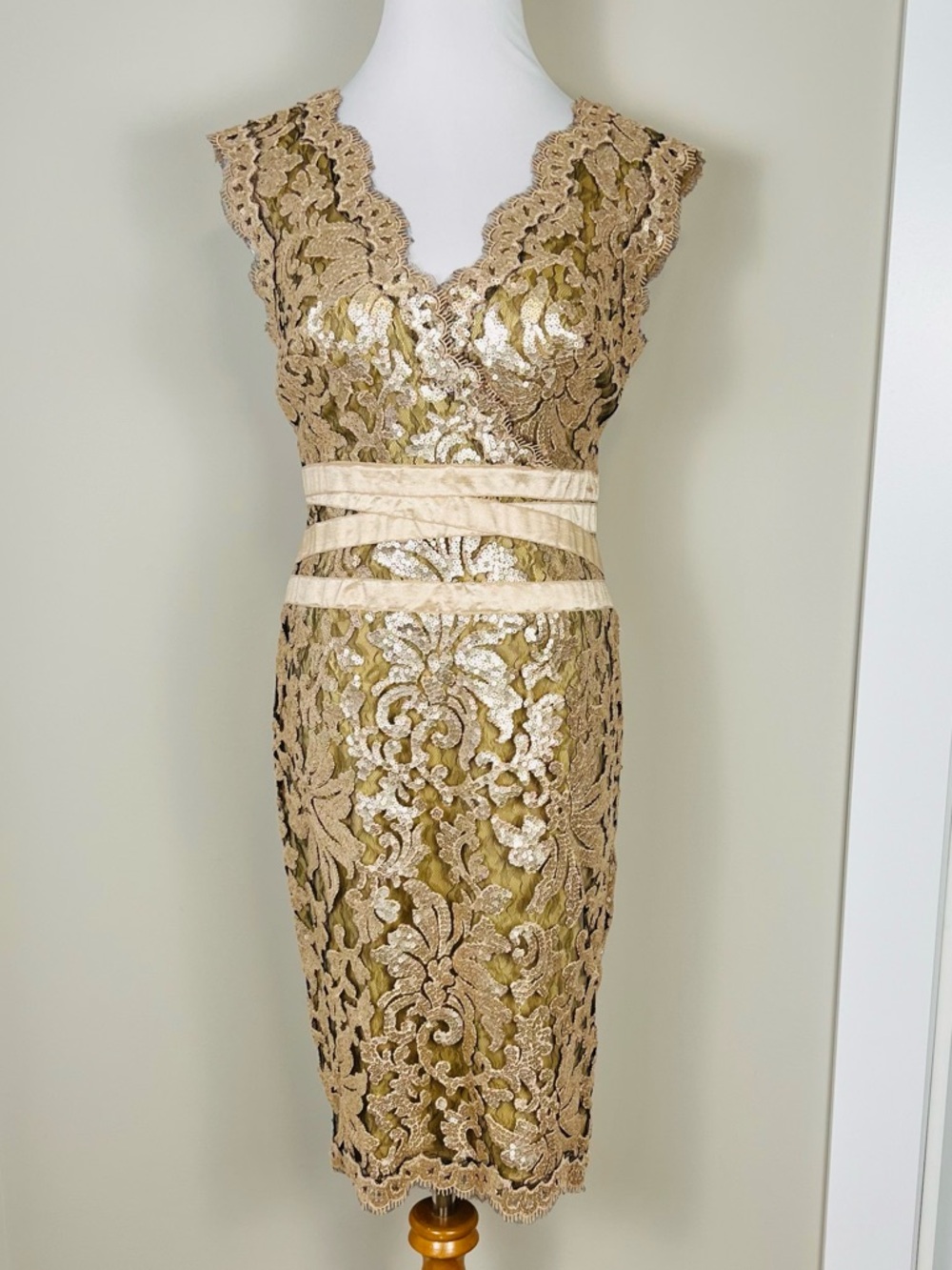 Tadashi Shoji Champagne Sequin Lace Dress